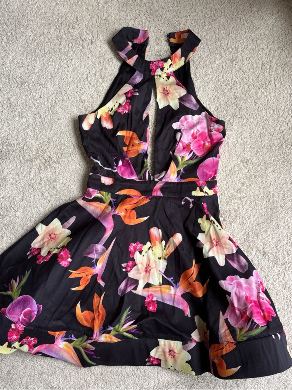 Luxxel Black Floral Print Dress Top with Orange and Pink Blossoms